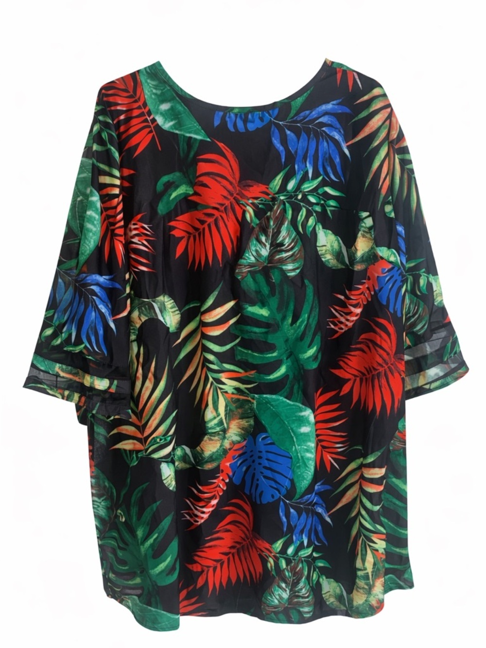NWT EKOAUER 3XL Tropical Leaf Print Sheer Sleeve Tunic Blouse - Picture 2 of 4